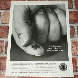 Gulf Oil Corp - Carbon bits on Fingertip - Fuel‎ Quality - Vtg 1961 PRINT AD